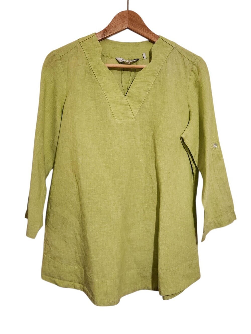 Foxcroft NYC | Women’s Lime Green Tab Button Sleeve V-Neck Linen Shirt (Size 10)